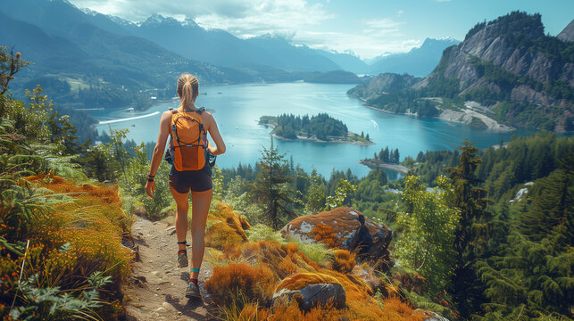 young fitness woman runner running on the trail. a woman living a healthy aspirational outdoor life taking a break during trail running and in Squamish, British Columbia, Canada.
