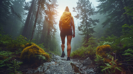 Female Hiker walking on a forest trail with camping backpacks. woman from behind hiking in autumn-fall nature woods.  tourist wearing backpacks outdoors trekking on the mountain - obrazy, fototapety, plakaty