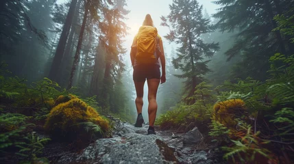 Tuinposter Grijs Female Hiker walking on a forest trail with camping backpacks. woman from behind hiking in autumn-fall nature woods.  tourist wearing backpacks outdoors trekking on the mountain