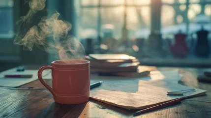 Poster On the table stood a document. The pink coffee cup next to it gave off a little steam. Invite to take a break Prepare for productivity © Saowanee