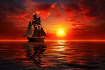 Fototapeta premium Scenic Sailboat red sunset. Ocean boat. Generate Ai