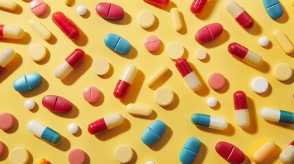 Vibrant Health Aid: High-Definition Photo of a Variety of Colorful Medication Pills on a Yellow Background