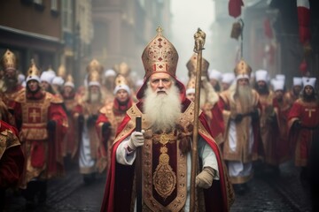 Festive Saint nicholas procession. Elderly and intelligent persons with white and long beard. Generate AI - obrazy, fototapety, plakaty