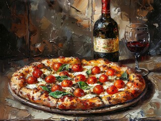 Stylized Oil Painting of an Artisan Pizza Accompanied by a Bottle of Fine Wine and Fresh Basil on a Wooden Table