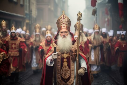 Festive Saint nicholas procession. Elderly and intelligent persons with white and long beard. Generate AI