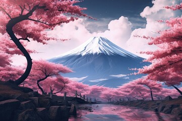 Majestic Sakura tree and big mountains. Fantasy scenery. Generate Ai - obrazy, fototapety, plakaty