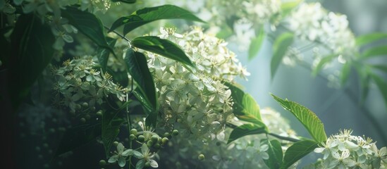 A detailed view of a cluster of white flowers blooming on a Sambucus Nigra Black Elderberry tree. The delicate petals stand out against the green leaves, creating a vibrant and natural scene in a