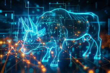 Obraz premium Digital illustration of a bull on a dynamic stock market background