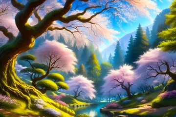 panorama at sunset on a mountain with cherry trees. wallpapers