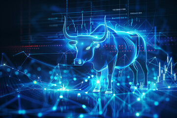 Digital illustration of a bull on a dynamic stock market background
