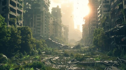 A vivid portrayal of a city reclaimed by mother nature, with overgrown foliage and crumbling buildings