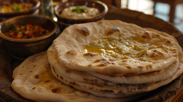 The traditional flatbread known as khubz was stacked on a platter alongside bowls of hummus and baba ganoush. These staple foods were a reminder of the importance of sharing