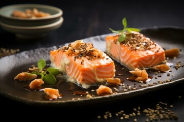 Savory Salmon cheese nuts. Protein food. Generate Ai