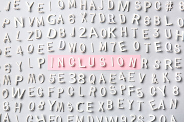 Word INCLUSION marked amongst different letters and numbers on white background