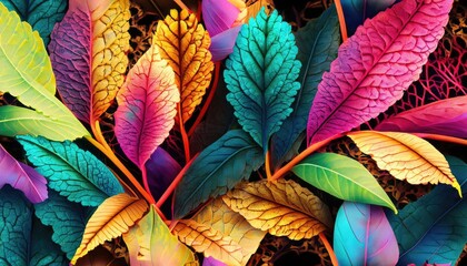 A vibrant, abstract collage of leaves, with a mix of bright colors - obrazy, fototapety, plakaty