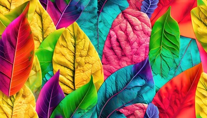 A vibrant, abstract collage of leaves, with a mix of bright colors - obrazy, fototapety, plakaty