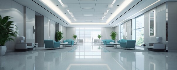 Lobby in a modern hospital or office is large and luxurious.