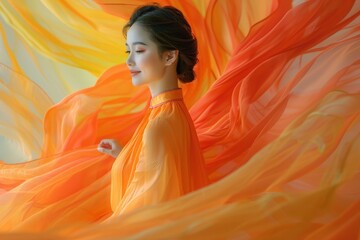 Medium Shot of a Woman in a Vibrant Vietnamese Ao Dai with Flowing Fabric Against a Serene Sky Blue Background