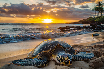 Eatherback sea turtle (Dermochelys coriacea) on a sandy beach on an island  laying her eggs. AI Generative - obrazy, fototapety, plakaty