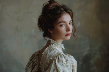 Woman Wearing a Traditional English Tudor Gown Standing with a Poised Demeanor Against a Textured Artistic Background