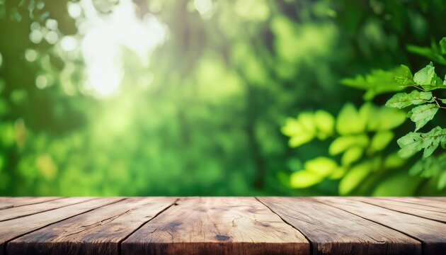 Empty rustic wooden table with defocused green lush foliage in the background