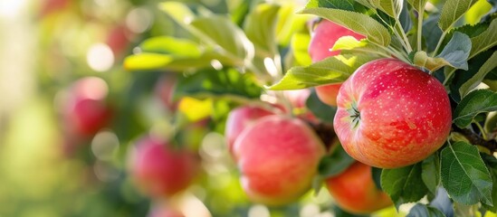 Obraz premium A tree in a summer apple orchard is filled to the brim with vibrant red apples, ready for picking.