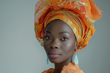 A woman in an elaborate Nigerian gele and traditional attire poses in a studio, with a light grey background and a soft box light creating depth.