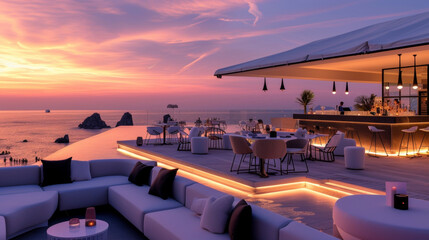 Background A trendy beach club with a rooftop bar and breathtaking views of the ocean. - obrazy, fototapety, plakaty
