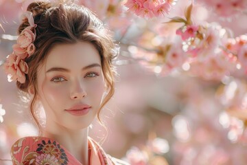 Fototapeta premium Young Woman in Vibrant Japanese Kimono with Cherry Blossoms