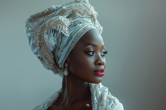 A woman in an elaborate Nigerian gele and traditional attire poses in a studio, with a light grey background and a soft box light creating depth.