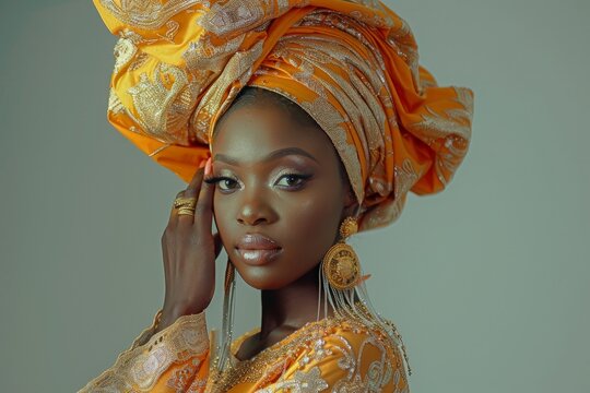 A woman in an elaborate Nigerian gele and traditional attire poses in a studio, with a light grey background and a soft box light creating depth.