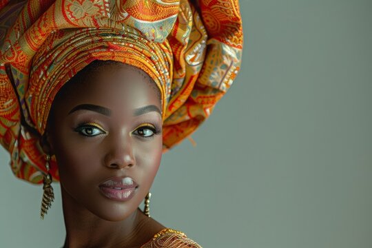 A woman in an elaborate Nigerian gele and traditional attire poses in a studio, with a light grey background and a soft box light creating depth.