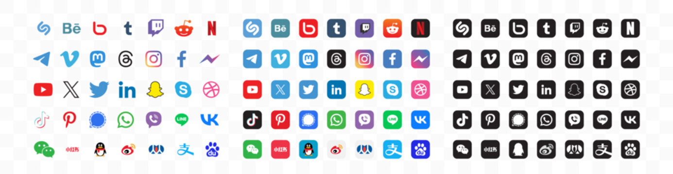 Social media and messenger logo and icon. Facebook, Instagram, LinkedIn, Mastodon, Tencent, QQ, Xiaohongshu, Weibo, Reddit, Baidu, Snapchat, Signal, Telegram, Threads, TikTok, WeChat, WhatsApp	