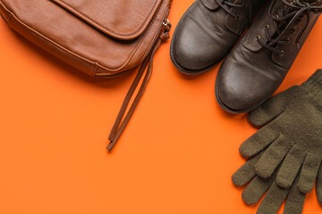 Warm female gloves, handbag and shoes on color background