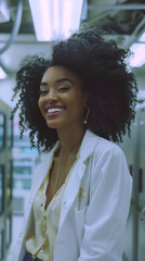 portrait of a young black female scientist technician engineer wearing a white coat working in a research laboratory smiling happy woman on her workplace in healthcare technology company