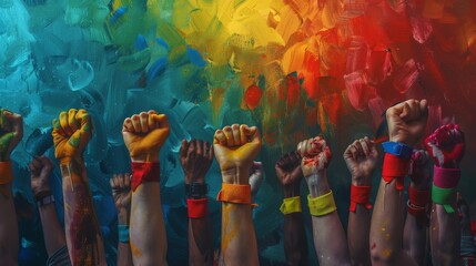 a range of hands raised in unity, each one painted with vibrant colors against a dynamic, abstract painted background, symbolizing diversity, strength, and solidarity. - obrazy, fototapety, plakaty