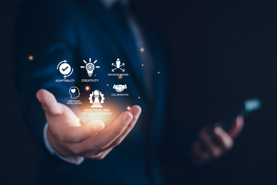 Soft skills HR concept. Business man with icons of soft skills, emotional intelligence, creativity, collaboration, adaptability, decision making and analytical thinking. Soft skills business training