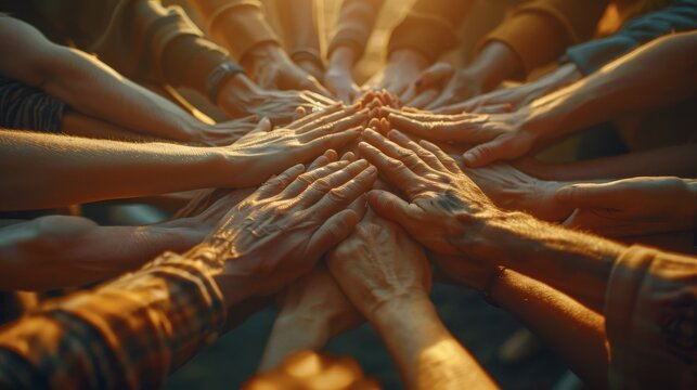 A group of diverse hands come together in a symbol of unity and solidarity, as the first rays of dawn cast a warm golden light upon their bond