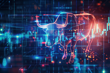Futuristic bull in neon on a dynamic market chart background