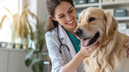 Beautiful Female Veterinarian Petting a Noble Golden Retriever Dog. Healthy Pet on a Check Up Visit in Modern Veterinary Clinic with Happy Caring Doctor. copy space for text.