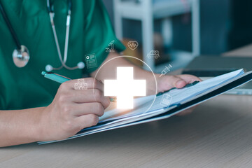 Doctor and virtual medical health care icons with medical network connection. People health care...