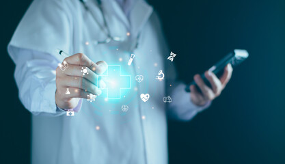 Doctor and virtual medical health care icons with medical network connection. People health care...