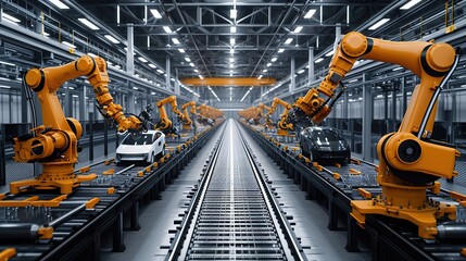 Car Factory 3D Concept: Automated Robot Arm Assembly Line Manufacturing High-Tech Green Energy Electric Vehicles. Construction, Building, Welding Industrial Production Conveyor. copy space.