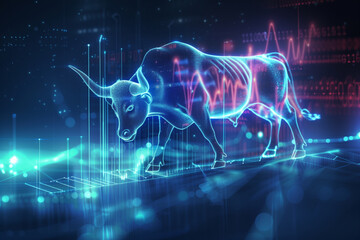 Digital illustration of a bull on a dynamic stock market background - obrazy, fototapety, plakaty