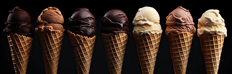 Fotobehang Row of delicious chocolate, cream, coffee, caramel, vanilla, hazelnut and truffle flavored ice cream scoops in waffle or sugar cones on black background. Summertime cold sweet dessert banner. © cabado