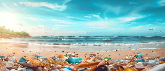 Environmental issue of plastic pollution on a scenic beach - obrazy, fototapety, plakaty