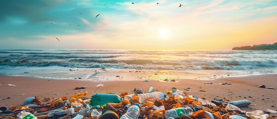 Environmental issue of plastic pollution on a scenic beach