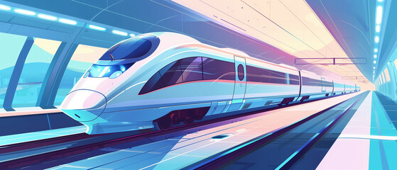 Concept of modern fast train in a vibrant light tunnel