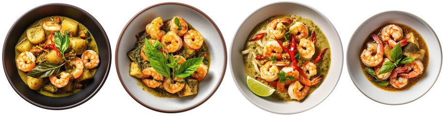 scampi in green curry sauce on a plate, top view
