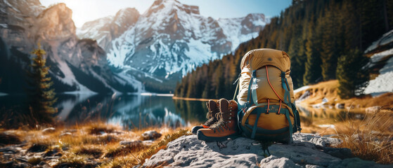 Scenic Mountain Lake View with Backpack in Foreground